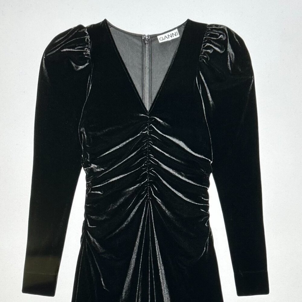 Ganni Velvet Jersey Gathered Mini Dress | Black / 44/US12 - Picture 11 of 11